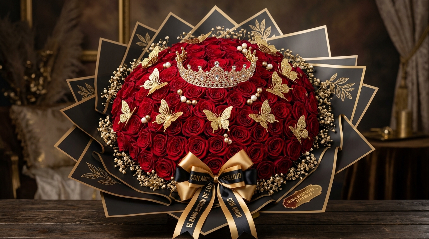 Ramos Buchones luxury red roses with tiara - Flowers El Ranchito